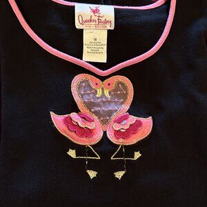 Quacker Factory 1X Black Tee with Pink Flamingos and Mesh Hearts